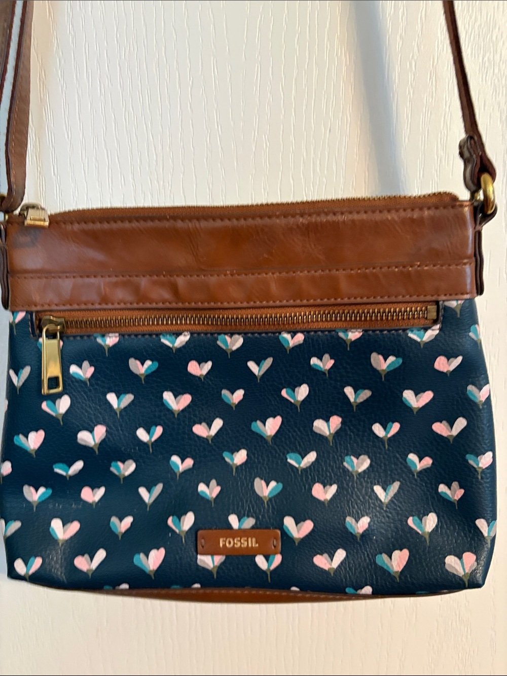 Fossil Navy Crossbody with Heart Print and Brown Trim